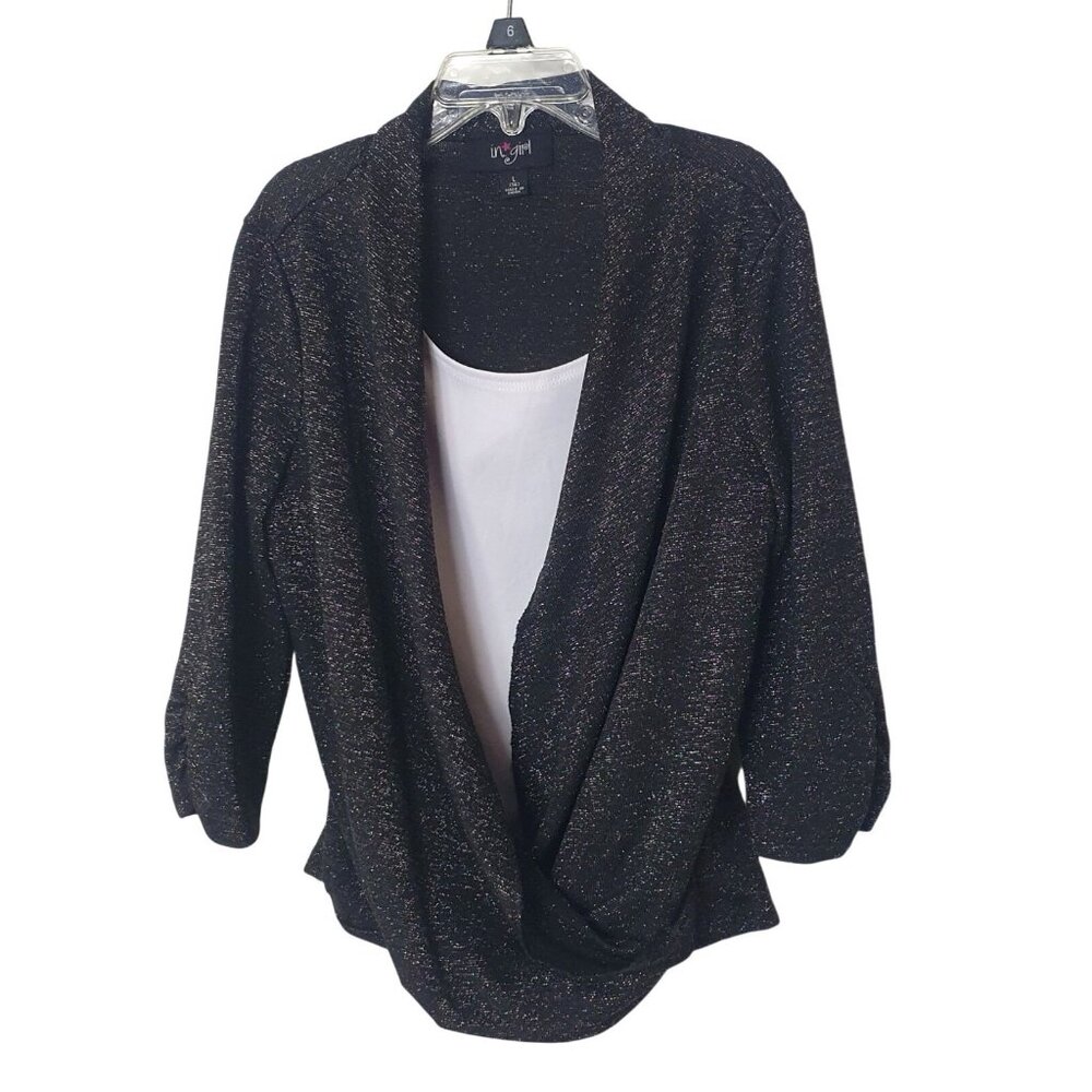 In Girl Cardigan L Black Sparkly Open Front White Tank Top Layer 3/4 Sleeve Chic